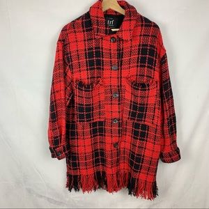 ZARA TRAFALUC Oversized Buffalo Plaid Boucle Fringe Jacket Sz Sm
